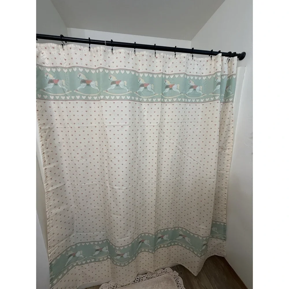 VTG 90s Shower Curtain Rocking Horse Heart Bathroom Decor Cottage Granny Core